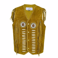 Ochre leather biker vest with a Western flair, featuring fringed detailing on the shoulders and sides. It’s adorned with white lacing accents on the front and decorative beaded medallions on the chest. The vest fastens with snap buttons.