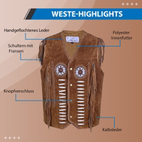 Brown leather biker vest with fringe detailing on the shoulders and sides, white lacing along the front, decorative beaded medallions on the chest, and snap button closures