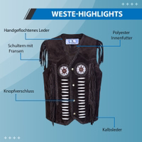 Detailed close-up of a luxurious dark brown Western leather vest, showcasing intricate white lacing along the front. It is secured with stylish snap buttons for a refined finish.