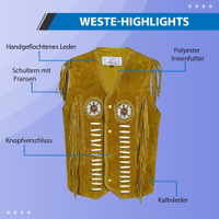 A orche Western-style biker vest adorned with fringe accents along the shoulders and sides. It features white lacing details down the front, decorative beaded medallions on the chest, and front snap button closures.