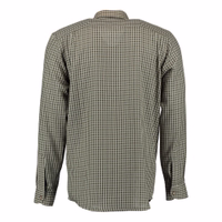 Back view of a dark green hunting shirt with a unique shark collar and classic fit. This long sleeve shirt, perfect for everyday wear, features a striking embroidered shark design. Upgrade your hunting gear with sophistication and functionality.