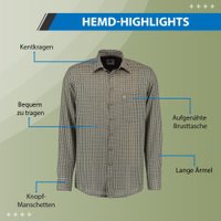 Men’s hunting shirt featuring a Kent collar for a classic look, designed with long sleeves and button cuffs for adjustable comfort. Made from soft, breathable fabric, it includes a practical sewn chest pocket for convenience.