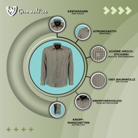 A dark green hunting shirt featuring a Kent collar and roll-up sleeves. Made from 100% breathable cotton, this shirt includes a front button closure and button cuffs. Adorned with a beautiful deer embroidery, it combines functionality and style.