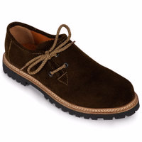 Here’s the German translation:  **Diese dunkelbraunen bayerischen Traditionsschuhe verfügen über Seitenschnürung und eine robuste Gummisohle. Für Stil und Komfort entworfen, bieten sie einen bequemen Sitz mit weißen Ziernähten und gepolstertem Innenfutter.