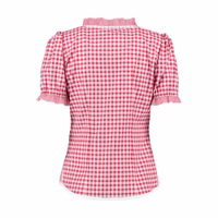 Rückansicht einer roten Damen-Trachtenbluse mit kurzen Puffärmeln. Ideal für einen schnellen Stil-Update, ist diese Bluse aus leichtem, baumwollähnlichem Stoff gefertigt und bietet hohen Tragekomfort. Jetzt online erhältlich.