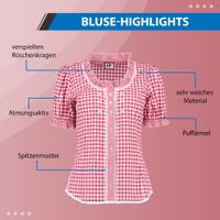 Charmante, bayerisch inspirierte Bluse für Damen mit verspieltem Rüschenkragen und zartem Spitzenmuster. Aus besonders weichem, atmungsaktivem Material gefertigt, besticht sie durch elegante Puffärmel für einen verspielten Akzent.