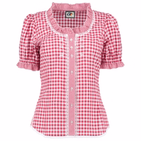 Helle rote bayerische Bluse für Damen, ideal für legere Anlässe. Leichtes Material mit weißer Spitzenborte am Ausschnitt, an der Knopfleiste und den Manschetten sowie bezaubernder weißer Blumenstickerei auf der Brust. Verleihen Sie Ihrem Stil mühelos ein U