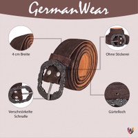 Feature-Ansicht des traditionellen Herrengürtels in Dunkelbraun mit traditioneller Metallschnalle, hochwertigem Rindsleder und deutscher Handwerkskunst. Ein elegantes, vielseitiges und langlebiges Accessoire.
