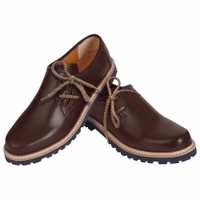 Ein Paar dunkelbraune bayerische Trachtenschuhe mit Rahmennaht, Gummisohlen und Lederkonstruktion. Die seitlich geschnürten Schuhe verfügen über einen Schnürverschluss und Bockabsätze und zeigen einen klassischen Schnürschuhstil.