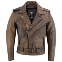 Herren Brando Motorrad-Lederjacke BULLDT Brando Herren Vintage Motorrad-Lederjacke in antikbraun, Chopper-Style, mit abnehmbarem Innenfutter, Reißverschluss an den Ärmeln – Vorder- und Rückansicht. Premium Bikerjacke.