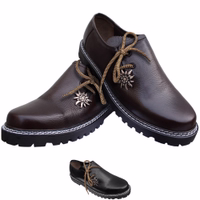 Pair of Bavarian Traditional Haferl Shoes for Men in Dark Brown Genuine Cowhide Leather Side Laced Edelweiss Design Smooth Leather Trachten Footwear Buy Authentic Bavarian Shoes Online Get Yours Today