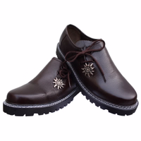 Pair of Bavarian Traditional Haferl Shoes for Men in Dark Brown Genuine Cowhide Leather Side Laced Edelweiss Design Smooth Leather Trachten Footwear Buy Authentic Bavarian Shoes Online Get Yours Today