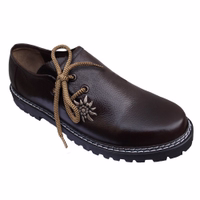Front View of Dark Brown Handmade Haferl Shoes for Men Classic Side Laced Smooth Leather Design with Durable Rubber Sole Comfortable Traditional Dress Shoes for Oktoberfest Buy Authentic Bavarian Shoes Online