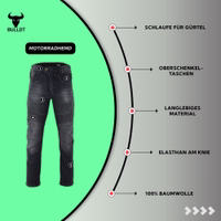 Die BULLDT Herren Motorradjeans Schwarz gefertigt aus hochwertigem schwarzem Denim mit ergonomischem Schnitt, atmungsaktivem Stoff und herausnehmbaren Protektoren jetzt online kaufen