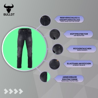 Eigenschaften der BULLDT Herren Motorradjeans Schwarz mit Reißverschluss, Gürtelschlaufen, Hüftschonern und Taschen hinten für täglichen Komfort und verlässliche Sicherheit jetzt kaufen