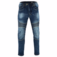 Front view of BULLDT Men’s Motorcycle Blue Jean crafted with stretch denim, zipper and button closure, and protective pads for hip and knees offering comfort and safety for riders buy now