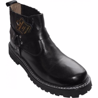 Herren Western-Motorrad-Lederschuhe – Vorderansicht, hochwertiges Rindsleder – glattes und langlebiges Leder mit Premium-Sohle – bequeme Biker-Stiefel für ultimative Fahrt – jetzt stilvolle und langlebige Schuhe kaufen!