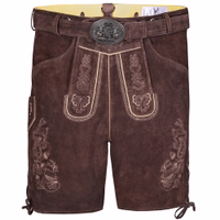 Vorderansicht bayerischer Hose in dunkelbraunem Wildleder mit Gürtel, handgefertigter Stickerei, Messertasche und traditioneller Verarbeitung – perfekt für Oktoberfest, Hochzeiten und Trachtenfeiern.