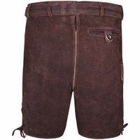 Rückansicht der dunkelbraunen bayerischen Lederhose aus Wildleder, mit handwerklich präzisem Schnitt, Lederstruktur und traditionellem Design – perfekt für Oktoberfest, Brauchtums- und Volksfeste.