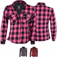 Women motorcycle lumberjack look shirt in pink color front and rear views,BLD1200, meticulously crafted from cotton with polyester inner lining, with shoulder, elbow & back protectors available in 2 underlying colors
