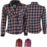 Damen-Motorradshirt im Lumberjack-Stil in Weinrot, Vorder- und Rückansicht, BLD1200. Aus Baumwolle mit Polyesterfutter gefertigt, inklusive Schulter-, Ellenbogen- und Rückenprotektoren. Erhältlich in 2 Farben, verbindet Stil und Sicherheit.