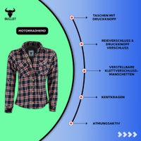 Fahre selbstbewusst in diesem weinroten Damen-Motorradshirt – mit versteckten Protektoren, atmungsaktivem Mesh-Futter, sicheren Brusttaschen und stilvollem Lumberjack-Design.
