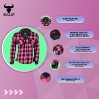 Pink women’s moto shirt made of strong cotton with mesh lining. Equipped with back, shoulder & elbow protectors plus press stud pockets and Velcro cuffs for an easy, secure fit.