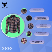 Stilvolles weinrotes Biker-Shirt mit robustem Schnitt – aus Baumwolle mit Polyester-Mesh-Futter, durchgehendem Reißverschluss, Schulter-, Ellenbogen- und Rückenprotektoren sowie zwei Brusttaschen mit Druckknöpfen.