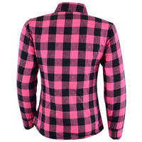 Women motorcycle lumberjack look shirt in pink color rear view design, meticulously crafted from cotton with polyester inner lining,BLD1200, with zipper and button closures, as well as shoulder, elbow, and back protectors
