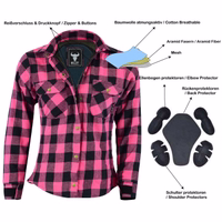 Women motorcycle lumberjack look shirt in pink color front view,  meticulously crafted from cotton with polyester inner lining,BLD1200, with shoulder, elbow & back protectors, this Shirt to close throughout with zip and press studs