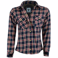 Damen-Motorradshirt im Lumberjack-Stil in Weinrot, Vorderansicht, BLD1200. Sorgfältig aus Baumwolle mit Polyester-Innenfutter gefertigt, mit Schulter-, Ellenbogen- und Rückenprotektoren. Dieses Shirt lässt sich durchgehend mit Reißverschluss und Druckknöpf