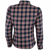 Damen-Motorradshirt im Lumberjack-Stil in Weinrot, Rückansicht, BLD1200. Mit Schulter-, Ellenbogen- und Rückenprotektoren. Die Ärmelbündchen sind mit Klettverschluss verschließbar. Aus Baumwolle mit Polyester-Innenfutter gefertigt.