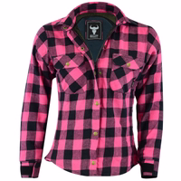 Women motorcycle lumberjack look shirt in pink color front view design,BLD1200, with shoulder, elbow & back protectors it also features the two upper breast pockets are each closed with a button