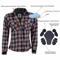 Damen-Motorradshirt im Lumberjack-Stil in Weinrot, Vorderansicht, BLD1200. Sorgfältig aus Baumwolle mit Polyester-Innenfutter gefertigt, mit Reißverschluss- und Knopfverschlüssen sowie Schulter-, Ellenbogen- und Rückenprotektoren.