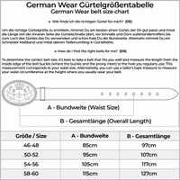 Größentabelle für Herrengürtel mit Taillengrößen von 85 cm bis 115 cm und Gesamtlängen von 97 cm bis 127 cm.