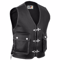 Front view of black Motorcycle Leather Vest – Front view of black custom made cowhide biker vest with braided edges carabiner closure and multiple pockets designed for comfort and durability buy motorcycle vest now