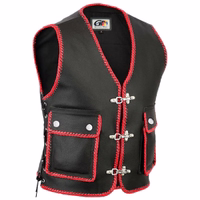 Front view of red Motorcycle Leather Vest – Front view of red genuine leather biker vest with hand braided detailing secure carabiner closure and spacious pockets for long rides buy red motorcycle vest now