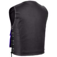 Back view of blue Motorcycle Leather Vest – Back view of blue cowhide leather biker vest with quality stitching smooth finish and durable construction built for style and performance shop blue motorcycle vest now