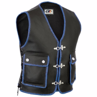 Men’s Motorcycle Leather Vest Front view of blue Motorcycle Leather Vest – Front view of blue leather motorcycle vest with braided trim sturdy carabiner closure and functional pockets offering premium comfort and style buy blue biker vest online