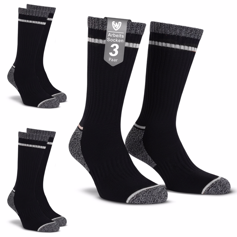 3er-Pack weiße Arbeitssocken Weiche Komfortsocken 3 Paar schwarze Arbeitssocken in Verpackung, Text 'Arbeits Socken – 3 Paar' sichtbar