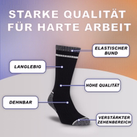 3er-Pack weiße Arbeitssocken Weiche Komfortsocken Weiß Arbeitssocke flach liegend, Bündchen und Zehenbereich sichtbar, deutscher Text auf Socke sichtbar