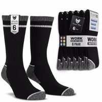 6 pairs of black work socks in packaging, text “Work Socks – 6 Pairs” visible