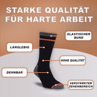 Orange Arbeitssocke flach liegend, Bündchen und Zehenbereich sichtbar, deutscher Text auf Socke sichtbar