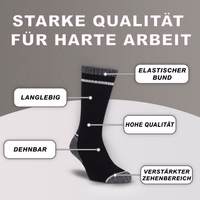 12er-Pack weiße Arbeitssocken Weiche Komfortsocken Weiß Arbeitssocke flach liegend, Bündchen und Zehenbereich sichtbar, deutscher Text auf Socke sichtbar