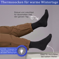 Nahaufnahme einer Thermosocke, Socke flach liegend, Oberfläche sichtbar, deutscher Text vorhanden