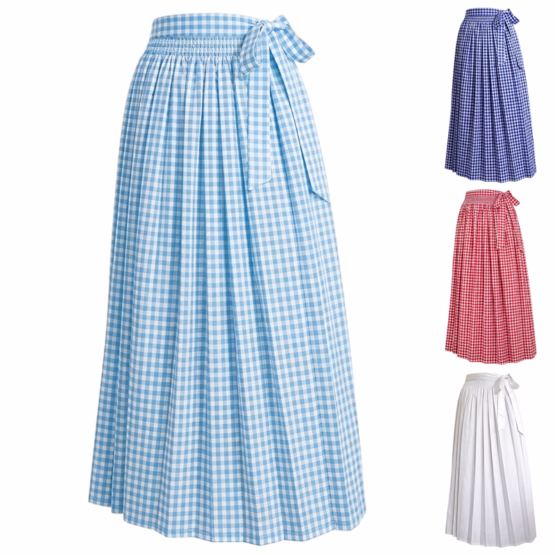 Long Dirndl Apron Traditional Bavarian Cotton Apron Sky-blue long dirndl apron with a checkered pattern and a bow; shown on the right are three color options: dark blue, red, and white.