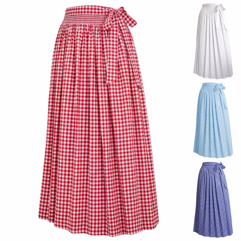 Lange Dirndl-Schürze: Traditionelle bayerische Baumwollschürze Himmelblau lange Dirndlschürze im Karomuster mit Schleife, rechts drei Farbvarianten in Dunkelblau, Rot und Weiß.