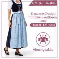 Trachten Schürze: Elegantes Design für einen zeitlosen Look, TRACHTEN LOOK. Unten Icon mit Text „Atmungsaktiv“.
