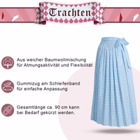 Banner „Trachten“. Blaue Schürze mit Text: Weiche Baumwollmischung, Gummizug am Schleifenband, Gesamtlänge ca. 90 cm.