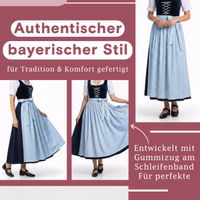 Authentischer bayerischer Stil“. Drei Ansichten eines Dirndls mit Text zu Gummizug am Schleifenband.